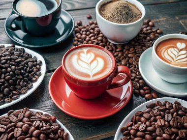 Hot coffee in the cup with coffee beans on wooden background clipart