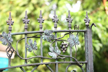 Bahçesinde dövülmüş elementler olan metal çitler. 