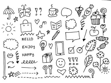 Sevimli element karalama el çizimi siyah çizgi simgesi seti, çocuklar için boyama kitabı