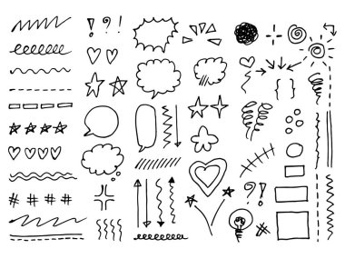 Marks and Signs cute element doodle cartoon hand drawn black line icon set
