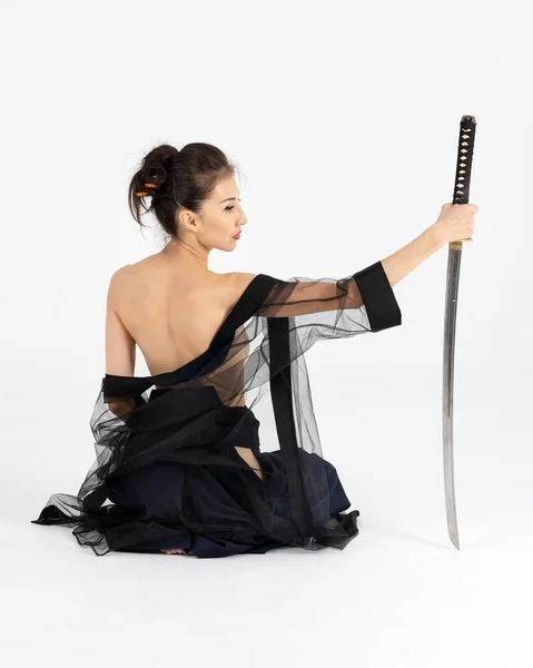 Aikido Master Woman Traditional Samurai Hakama Kimono Black Belt Sword — Φωτογραφία Αρχείου