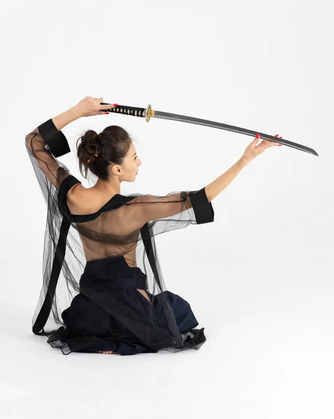 Aikido Master Woman Traditional Samurai Hakama Kimono Black Belt Sword — Stock Photo, Image