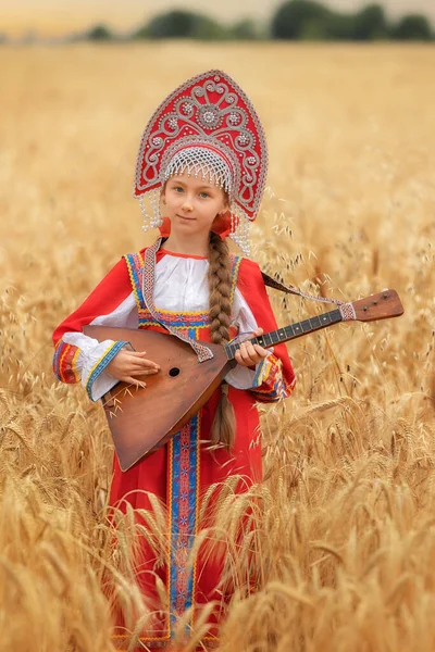 Littl Girl Kid Russian Folk National Sarafan Kokoshnik Standing Golden — 图库照片