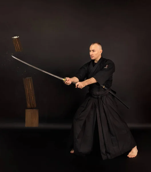 Portrait Aikido Sensei Master Black Sensei Belt Taekwondo Kimono Witn — Stock Photo, Image