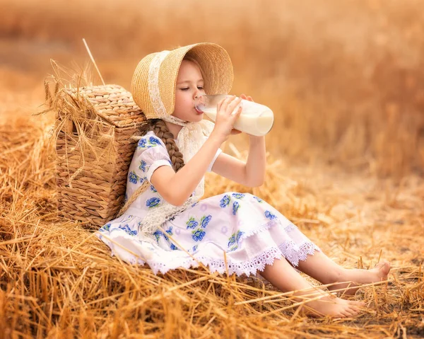 日落时一个快乐的女孩在麦田里的画像 一个小孩拿着一个装有牛奶的玻璃瓶 放在黑麦耳朵的背景上 具有野餐性质 图库照片