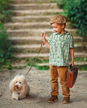 Kaniş köpeği olan bir çocuk sokakta yürüyor. Yazın evcil hayvanla mutlu çocuk