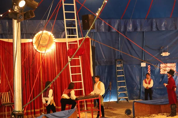 stock image 8-10-2022: Redwood city, California: Zoppe circus in Redwood city California, man doing aerial stunts and backflips