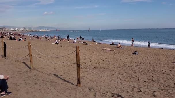 Місцеві Жителі Туристи Відпочивають Плавають Купаються Переповненому Пляжі Барселоні Платя — стокове відео