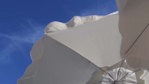 白い布のビーチの傘のフリルがなびくと風によって移動します コピースペース付きの青い空の背景のビーチサンシェードの下からの眺め 夏のビーチでの日光や過熱からの保護 — ストック動画