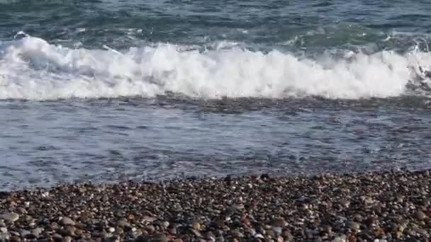 卵石滩和海浪与干净的海泡沫 地中海沿岸的海景 西班牙巴塞罗那湿卵石海滩上的海岸线波涛汹涌 Sant Miquel海滩上没人看的海景暑假 — 图库视频影像
