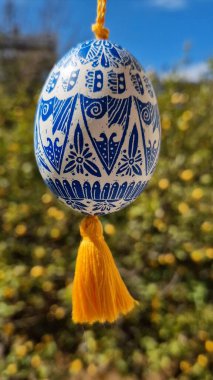 Çarpıcı bir Ukrayna piranası. Detaylı mavi desenler ve parlak sarı püsküllerle süslenmiş. Geleneksel Paskalya kutlamalarını gösteriyor..