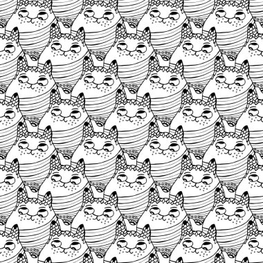 Doodle Kedileri Kusursuz Desensiz Mandala yetişkin boyama kitapları için siyah beyaz mandala, monokrom hayvan vektörü