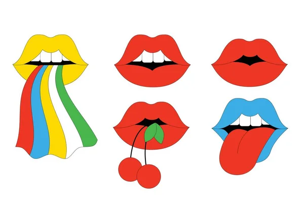 Groovy Hippie Sticker Retro Lips Pop Art Vector — стоковый вектор