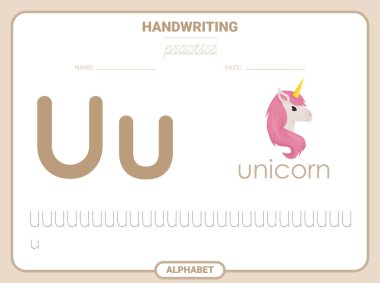 Alfabe izleme uygulaması Harf U. İzleme alıştırması. Alfabe aktivite sayfası öğreniliyor. Yazdırılabilir şablon. Büyük ve küçük çaplı ABC iz sürme alıştırması. İngilizce el yazısı öğreniliyor