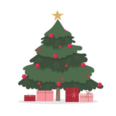 Hediye kutuları, yıldızlar, ışıklar, dekorasyon topları ve lambalarla süslenmiş Noel Ağacı. Mutlu Noeller ve mutlu yıllar. Düz Biçim Tatil Vektörü illüstrasyonu.