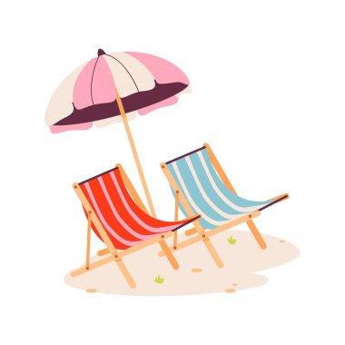 Şemsiyeli plaj sandalyeleri, tahta şezlong. Yaz tatili dinlenme zamanı. Beyaz arkaplan resimlemesinde izole.
