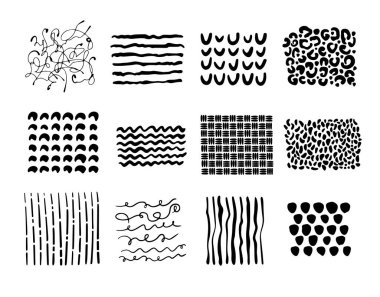 El çizimi vektör kümesi. Vektör mürekkep fırçası şekilleri. Taslak çizimi. Kalem karalama serbest çizgisi vuruşları tebeşir karalaması siyah çizgi çizimi grunge el yapımı soyut vektör dokuları