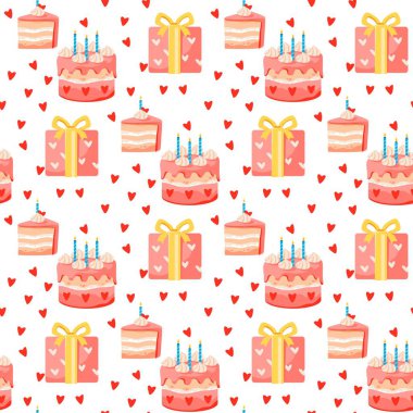 Kusursuz desenli, beyaz arka planda farklı kekler. Kalplerle, kirazla, çiçeklerle ve yıldızlarla süslenmiş tatlı pastalar..