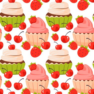 Kusursuz desenli, beyaz arka planda farklı kekler. Kalplerle, kirazla, çiçeklerle ve yıldızlarla süslenmiş tatlı pastalar..