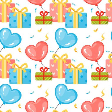 Kalp balonları pürüzsüz desen. Doğum günü partileri için hava balonları, yıldönümleri, düğünler için festival sezonu dekorasyonları. Helyum vektör balonu çizimi.