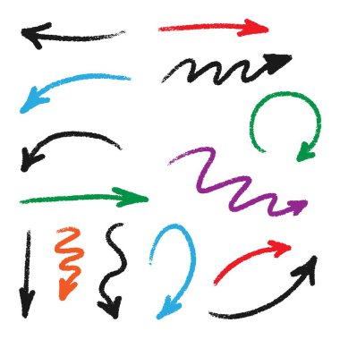 El çizimi Oklar Doodle Yön çizgileri ve grunge pastel kalem dokusu. Tebeşir karalamaları ya da sert vuruşlar. Sketchy fırça çubuğu çizgisi.