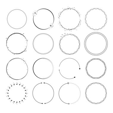 Round starry frames Golden Wreath circle frame set on white background. Stars bunch circle line decorative frame. Isolated vector gold round festive elements