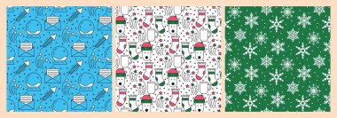 Parlayan yıldızlı, kar taneli, Noel süslü kusursuz bir Noel deseni. Kırmızı Noel 'de minimalist geometrik festival altını, yeni yıl, kış tatillerinde doğrusal simgelerle arka plan.