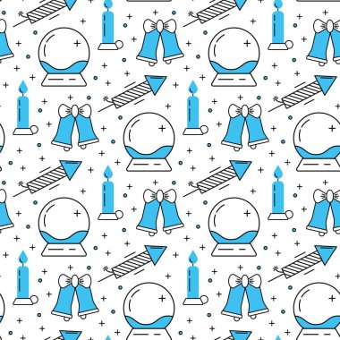 Parlayan yıldızlı, kar taneli, Noel süslü kusursuz bir Noel deseni. Kırmızı Noel 'de minimalist geometrik festival altını, yeni yıl, kış tatillerinde doğrusal simgelerle arka plan.