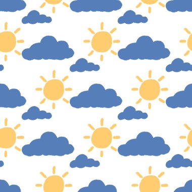Pastel boya kalemleri mavi bulutları ve sarı sevimli güneşi çocuk tarzında çiziyordu. Kalem çocuksu çizimler. El çeşitli bulut şekilleri çizmiş. Saf biçim çocuksu vektör arkaplanı.