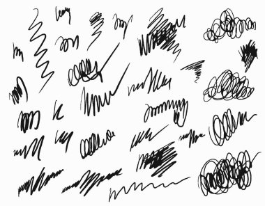 El Yazması Karalama Seti, Soyut Çizim Elemanları, Karmaşık Çizgiler, Karmaşık Mürekkep Vuruşları, Grunge Dokusu, Serbest İşaretleyici, Kalem, Fırça darbesi, Kara Vektör İllüstrasyonu, EPS10 izole edilmiş