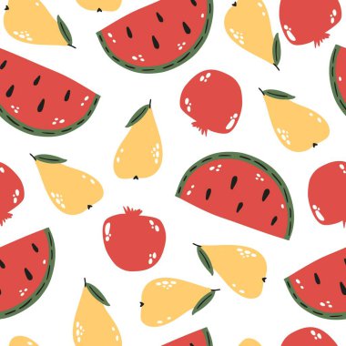 Basit Fruits Çizimsiz Desen: Organik Taze ve Renkli Tropikal Meyveler Portakal, Muz Mango, Karpuz, Elma, Limon, Kiraz, Armut Çilek Nar, Şeftali, Vegan Sağlıklı, Sulu