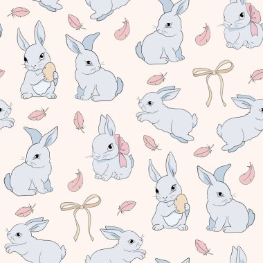 Paskalya tavşanı kusursuz desen. Tahtayla ayakta duran çocuklar için sevimli kız tavşanları. Tavşan ya da tavşan, Pembe Fiyonklu bahar festivali hayvanı. El çizimi iyi bir vektör karakteri
