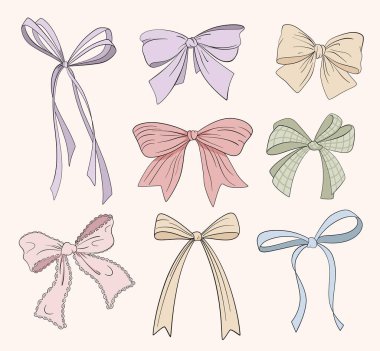Çeşitli fiyonklar, hediye kurdeleleri. Düğümler elle çizilmiş. Modaya uygun vektör çizimi. Saç aksesuarları. Hediye paketi için papyon düğümleri. Hediye yayları, sihirli yay çizimi. Kutlama, parti.