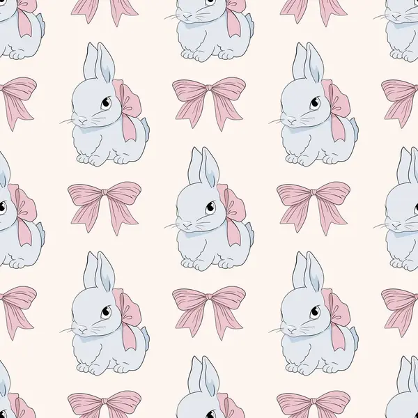 Paskalya tavşanı kusursuz desen. Tahtayla ayakta duran çocuklar için sevimli kız tavşanları. Tavşan ya da tavşan, Pembe Fiyonklu bahar festivali hayvanı. El çizimi iyi bir vektör karakteri