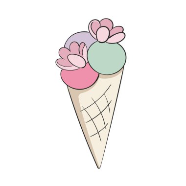 Waffle koni vektör illüstrasyonunda el çizimi dondurma.