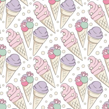 Dondurma izi yok. Lezzetli sokak yemekleri, şekerleme atıştırmalıkları. Doldurulmuş waffle, bardakta dondurma, külahta dondurma. Düz vektör karikatür arkaplanı beyaz arkaplanda izole edildi