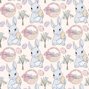 Paskalya tavşanı kusursuz desen. Tahtayla ayakta duran çocuklar için sevimli kız tavşanları. Tavşan ya da tavşan, Pembe Fiyonklu bahar festivali hayvanı. El çizimi iyi bir vektör karakteri