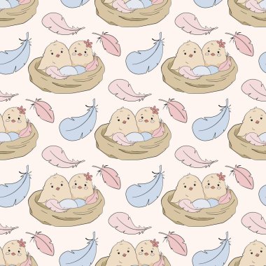 Yuvanın içindeki sevimli piliçler ve kuşlar Paskalya dekoratif dekoratif kusursuz desenler çizdiler. Anne Kuş tarafından beslenen yeni doğmuş kuşlar. Renkli yumurta çizimleri