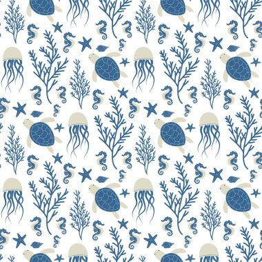 Balina, Denizatı, Denizanası, Kaplumbağa, Denizyıldızı, Kabuğu, Mercan ve Deniz Bitkileri Düz Deniz Yaratıkları Çizimi, EPS10, Beyaz Arkaplanda İzole edilmiş