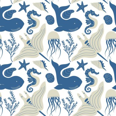 Balina, Denizatı, Denizanası, Kaplumbağa, Denizyıldızı, Kabuğu, Mercan ve Deniz Bitkileri Düz Deniz Yaratıkları Çizimi, EPS10, Beyaz Arkaplanda İzole edilmiş