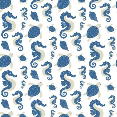 Balina, Denizatı, Denizanası, Kaplumbağa, Denizyıldızı, Kabuğu, Mercan ve Deniz Bitkileri Düz Deniz Yaratıkları Çizimi, EPS10, Beyaz Arkaplanda İzole edilmiş