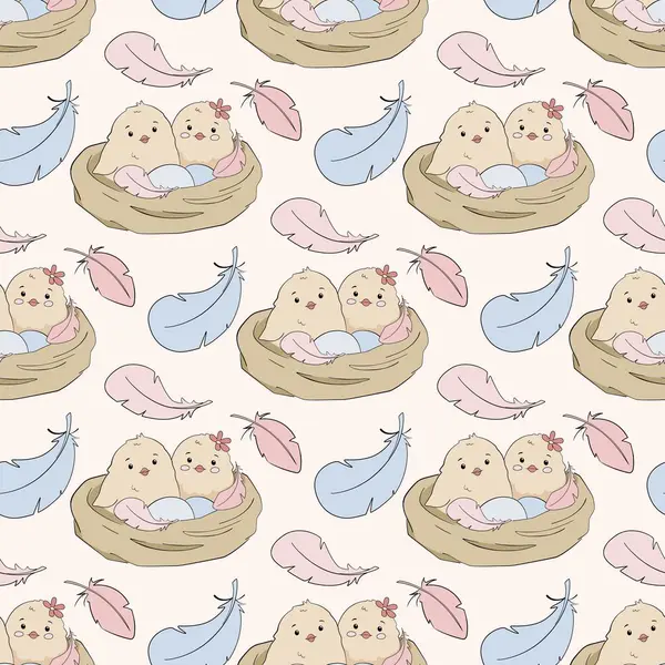 Yuvanın içindeki sevimli piliçler ve kuşlar Paskalya dekoratif dekoratif kusursuz desenler çizdiler. Anne Kuş tarafından beslenen yeni doğmuş kuşlar. Renkli yumurta çizimleri