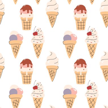 Dondurma külahı kusursuz desen. Vektör illüstrasyonu yaz Lezzetli waffle dondurma külahı arka planı.