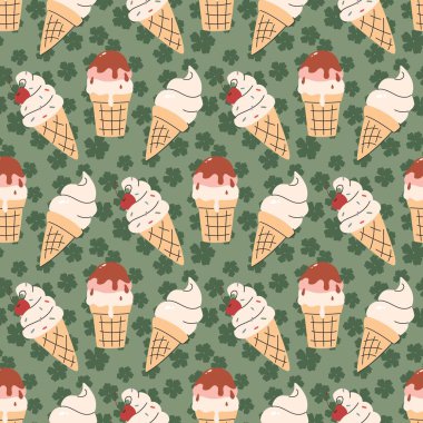 Dondurma külahı kusursuz desen. Vektör illüstrasyonu yaz Lezzetli waffle dondurma külahı arka planı.