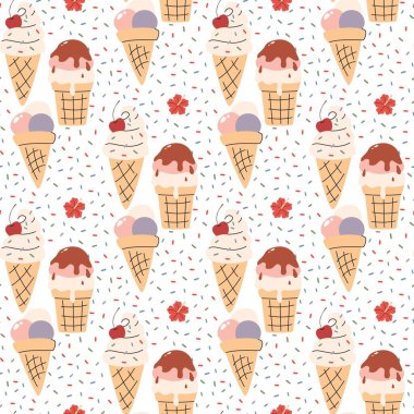 Dondurma külahı kusursuz desen. Vektör illüstrasyonu yaz Lezzetli waffle dondurma külahı arka planı.