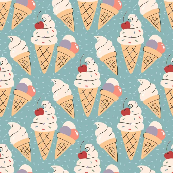 Dondurma külahı kusursuz desen. Vektör illüstrasyonu yaz Lezzetli waffle dondurma külahı arka planı.