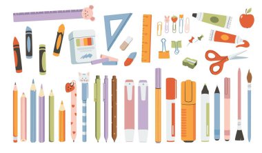Okul malzemeleri hazır. Öğrenim, okul ve üniversite için vektör illüstrasyonu. Okula dön, okul kırtasiyesi koleksiyonu..