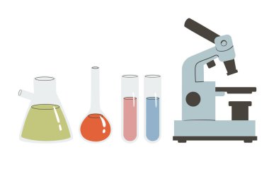 Mikroskop kimya eczacılık enstrümanı, mikrobiyoloji büyütme aracı. Kimyasal reaksiyonlarla dolu camlar. Laboratuvar test tüpleri. Tıbbi bilimsel araştırma.