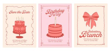 Doğum günün kutlu olsun. Bayat doğum günü pastası hediyeli Coquette tebrik kartları. Basit bir şekilde sevimli ve zarif vektör resimleme şablonları