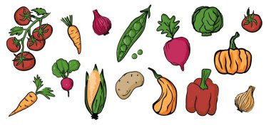 El yapımı Renkli Çiftlik Sebzeleri Koleksiyonu Klasik Mürekkep Biçimli Vektör İllüstrasyonu